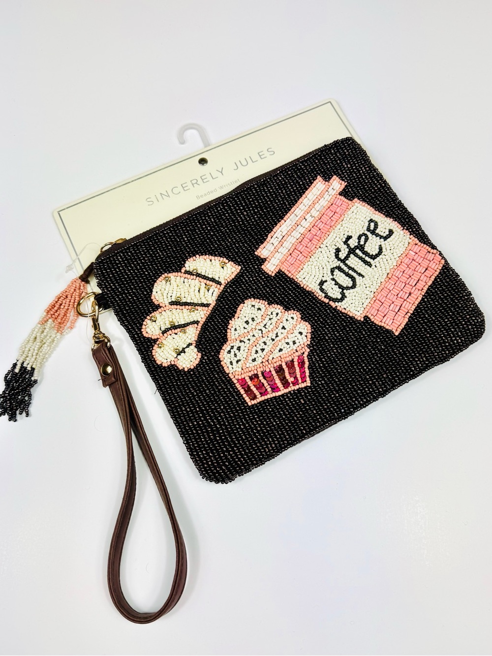 Sincerely Jules Coffee Croissant Beaded Travel Pouch Wristlet zipper Viral